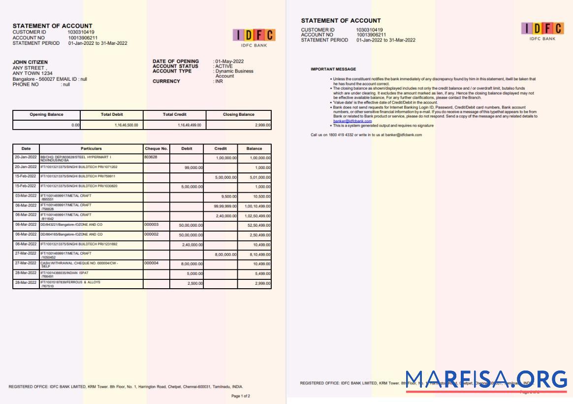 Blank India IDFC bank statement word 2 pages, new version download for verification